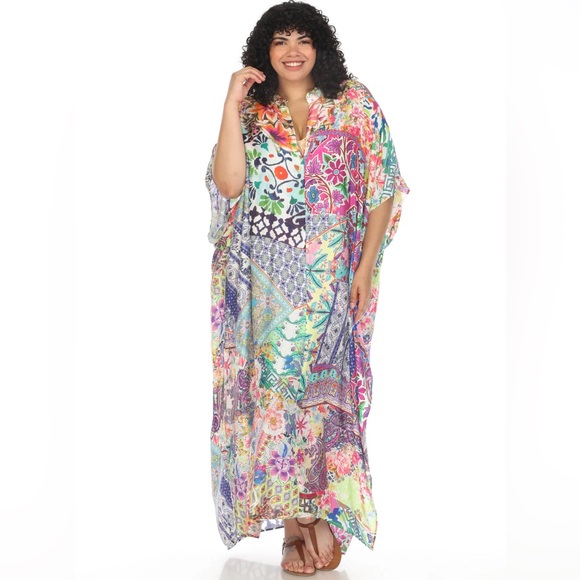 $300 Johnny Was Loci Patchwork Swim Cover-Up Kaftan Dress L/XL NWT - Picture 1 of 4